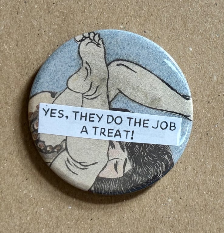 Collage pin badge - vintage book images & text - they do the job a treat