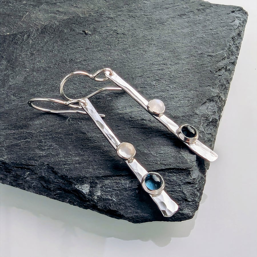 STERLING SILVER earrings with topaz and moonstone, Handmade Urban Designed 