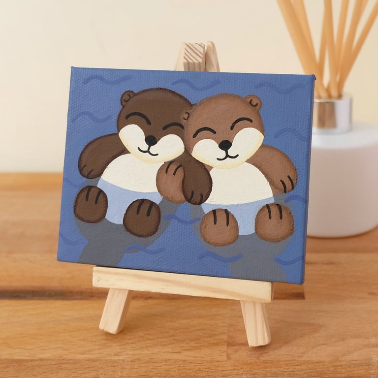 Mini Otter Painting - original art of cute otters sleeping, gift for best friend