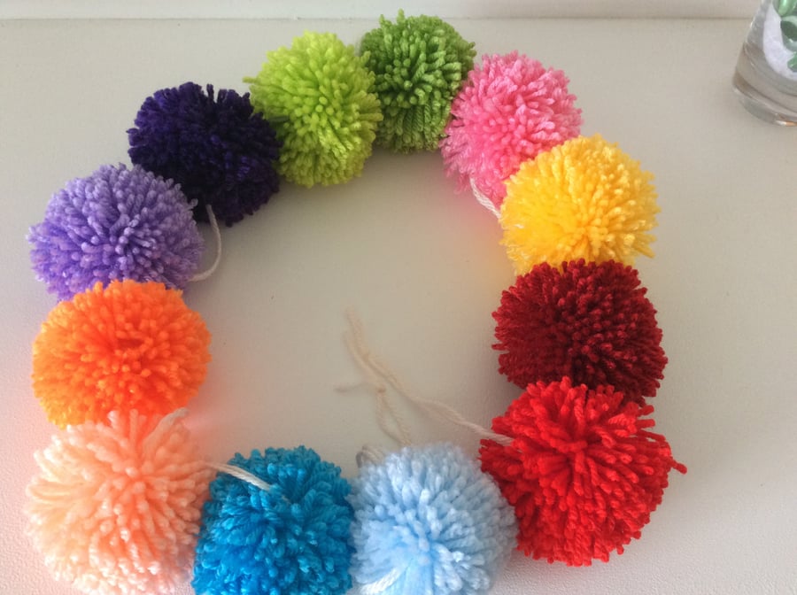 Pom Pom garland -  rainbow colours 1.5m 12 yarn Pom poms