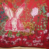 Hare in the hedgerow flowers red cushion - Screen printed with hand embroidery