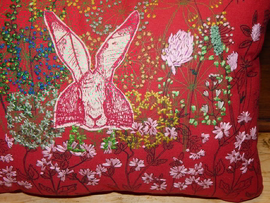 Hare in the hedgerow flowers red cushion - Screen printed with hand embroidery