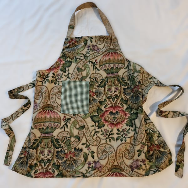 Cook's Apron in William & Morris pattern with green gingham pocket