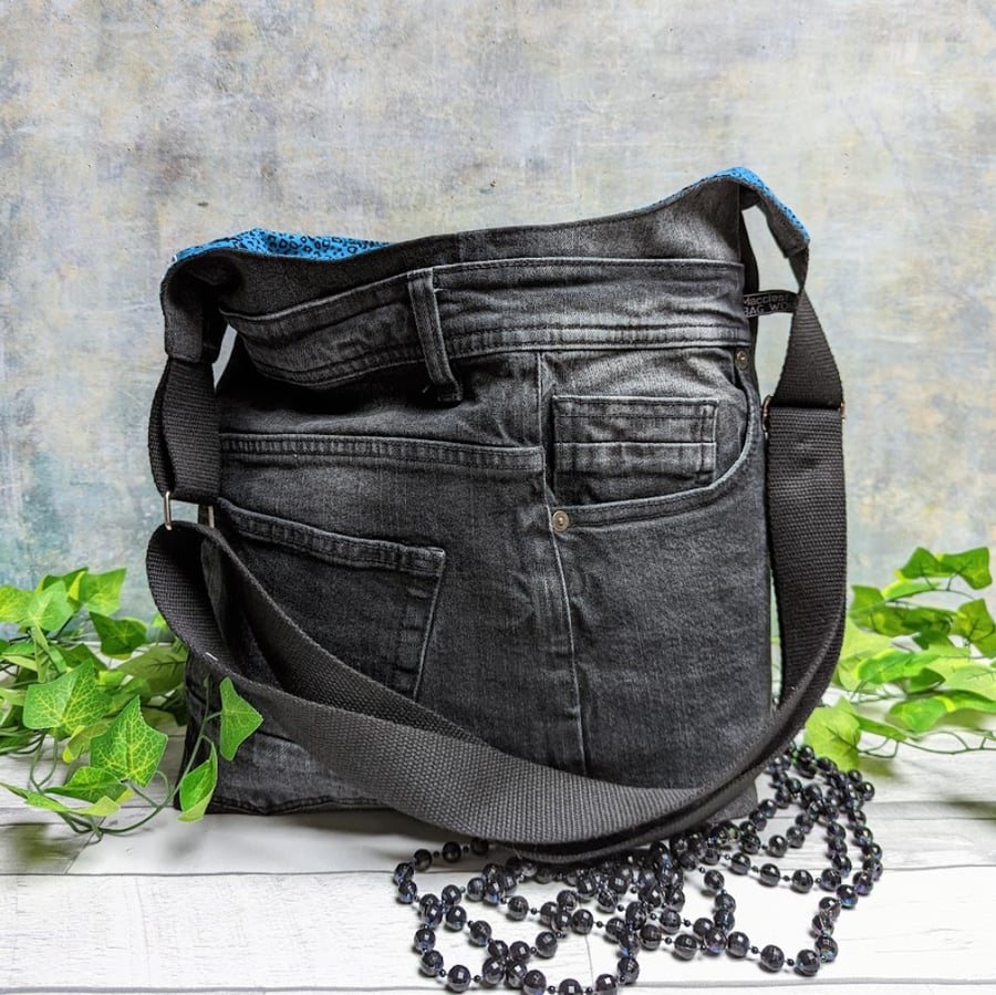 Recycled Black Denim Bucket Bag with Teal Leopard Lining