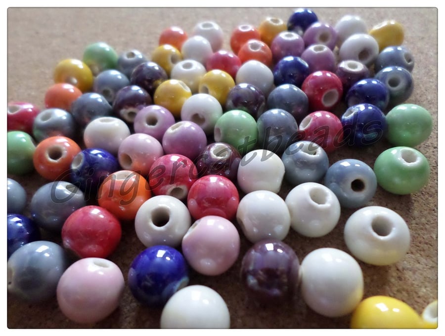 10 x Pearlized Porcelain Beads - Round - 10mm - Mixed Colour 