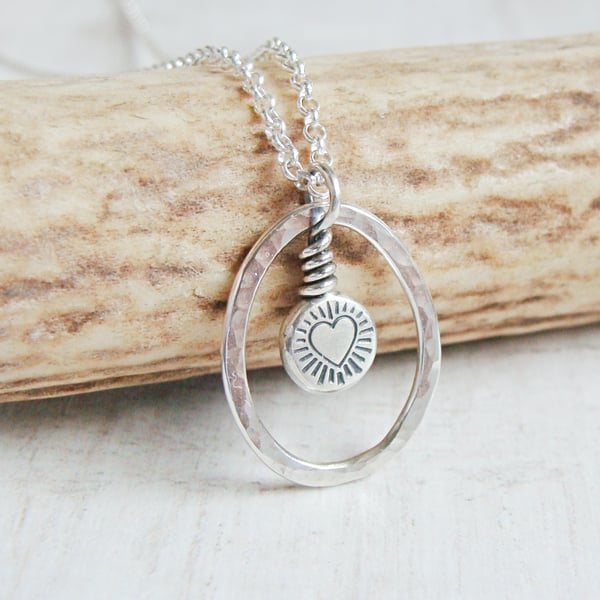 Recycled Sterling Silver Heart Pattern Pebble Pendant Necklace