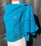 Soft Teal Blue Wool Unique Hand Knitted Crescent Lace Shawl Wrap Scarf - Image 4