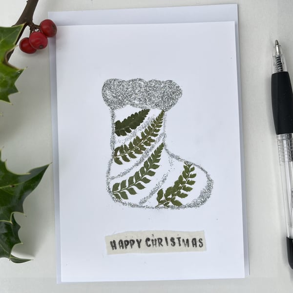 Handmade Real Pressed Ferns Christmas Stocking Card
