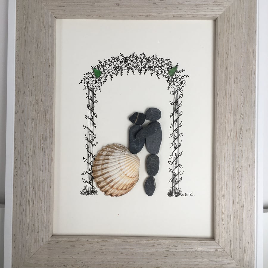 Pebble couple’ hand made pebble art with beach finds from Cornwall 