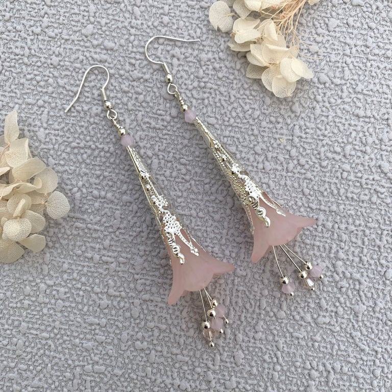 Vintage Style Pink and Silver and Lucite Flower Earrings