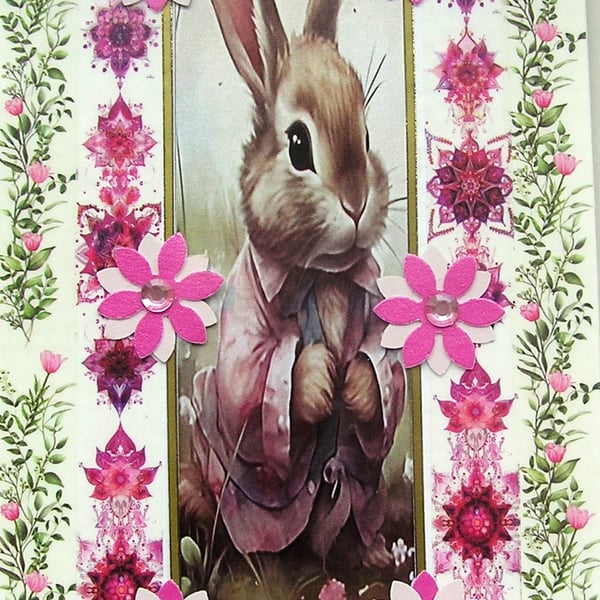 Rabbit - Hand Crafted Decoupage Greeting Card - Blank (3141)