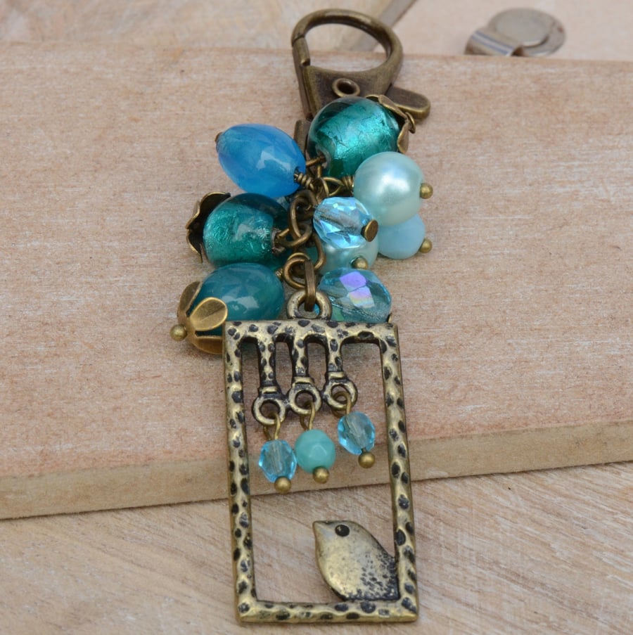 Turquoise Blue Beaded Bag Charm with Bird Charm 