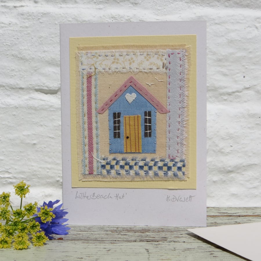 A Little Beach Hut, miniature hand-stitched textile mounted onto greeting card