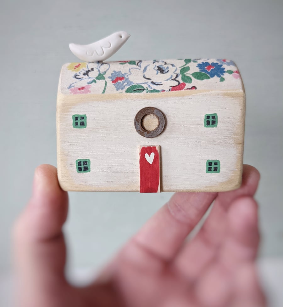 Little Handmade Wooden Coastal House with Clay Bird