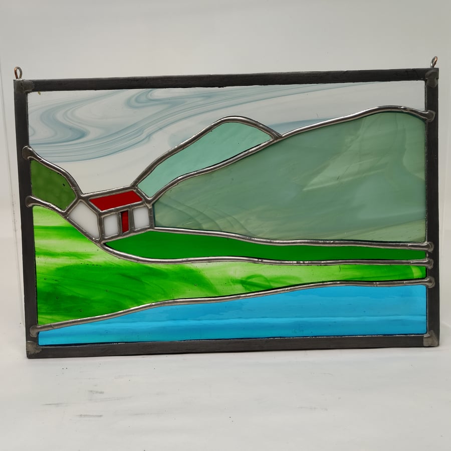 SOLD Stained glass Scottish mountain bothy landscape,  Copperfoil and lead. 