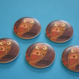 30mm Wooden Owl Buttons Natural Brown Orange Green 5pk Bird (LOW5)