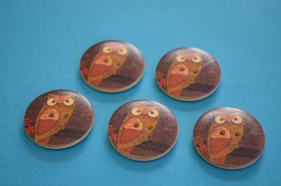 30mm Wooden Owl Buttons Natural Brown Orange Green 5pk Bird (LOW5)