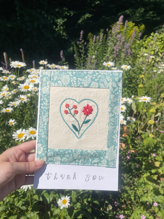 Embroidered Thank you card with heart and flowers