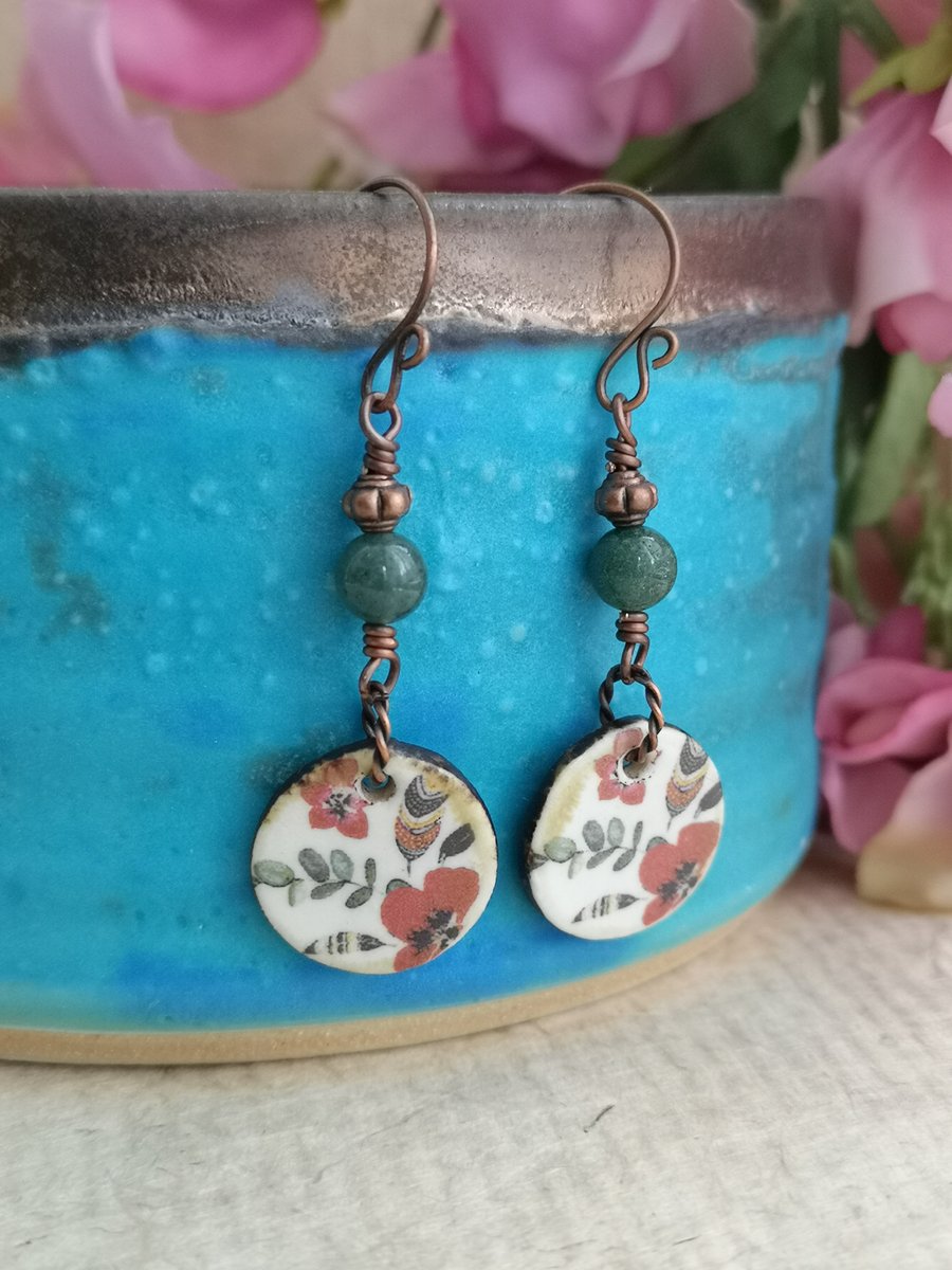 Floral ceramic charm, green jasper and copper earrings