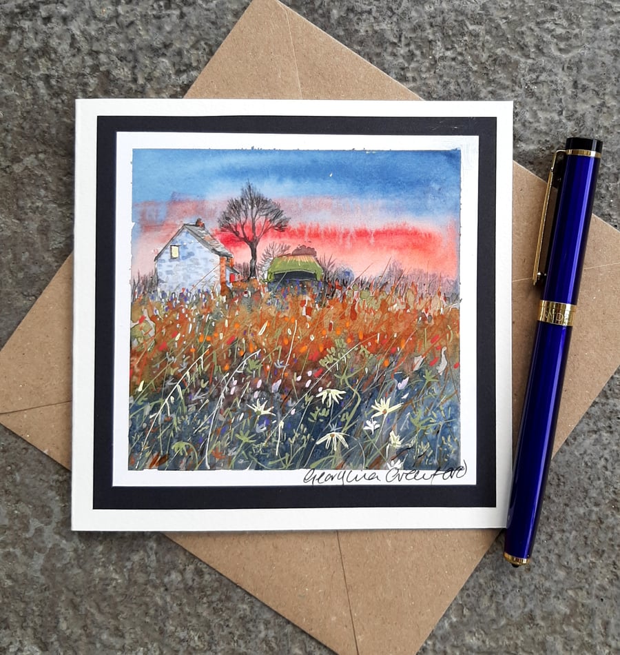 Blank Card. Cottage Autumn Colours. Handpainted Watercolour Keepsake