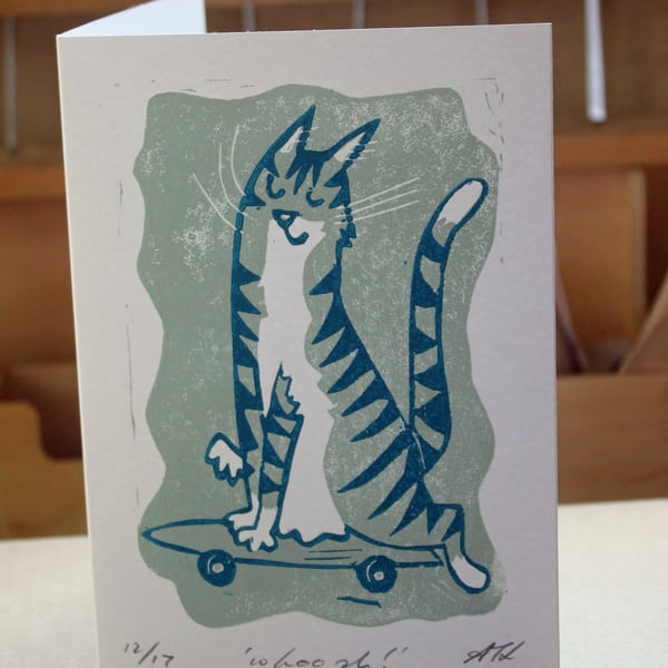 Whoosh Skate boarding Cat Lino-cut Card and Gift Card