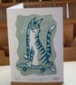 Whoosh Skate boarding Cat Lino-cut Card and Gift Card