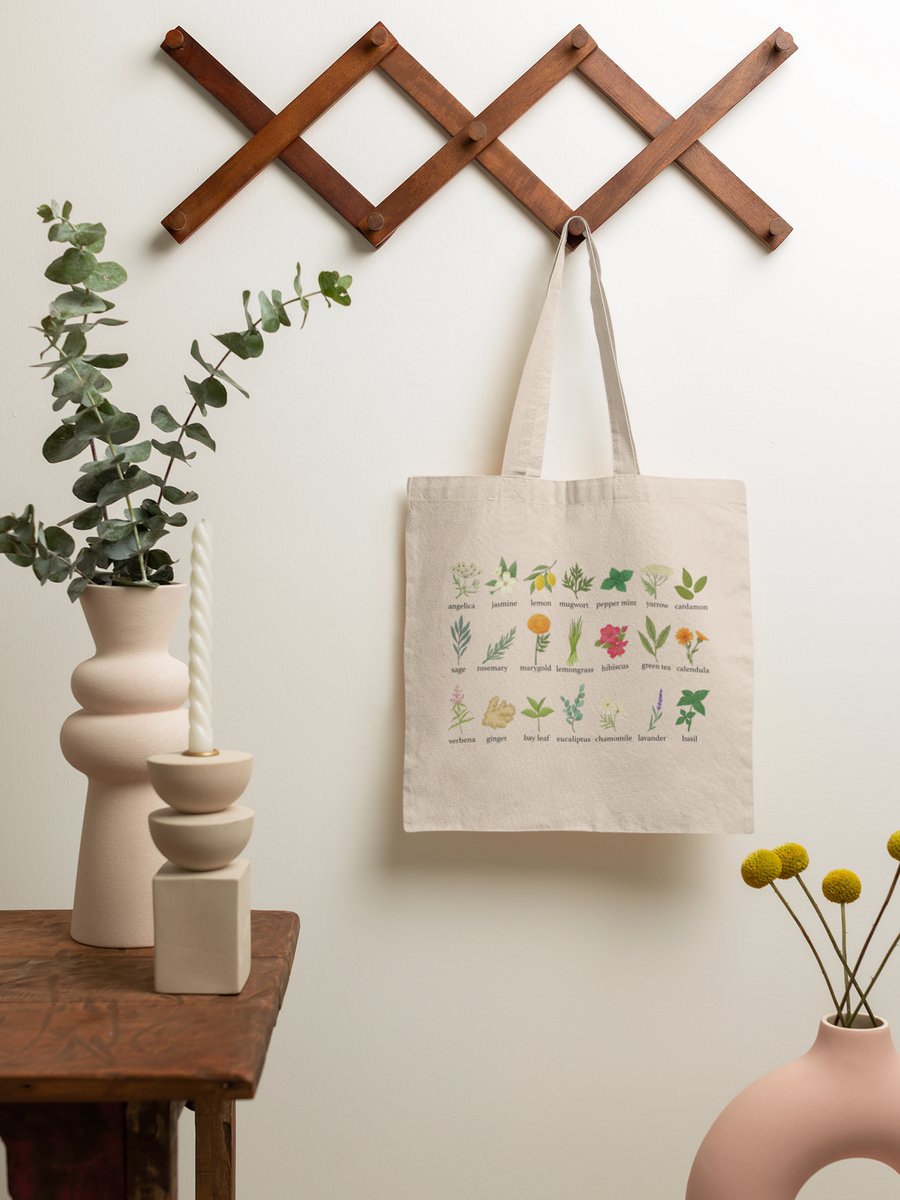 Wild herbs tote bag, Boho Handmade tote bag, 100% Cotton tote bag