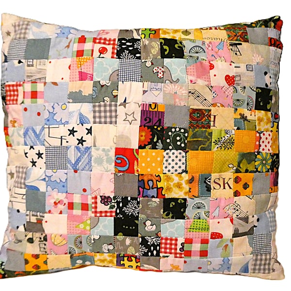 Multicoloured Patchwork Cotton Cushion with pad
