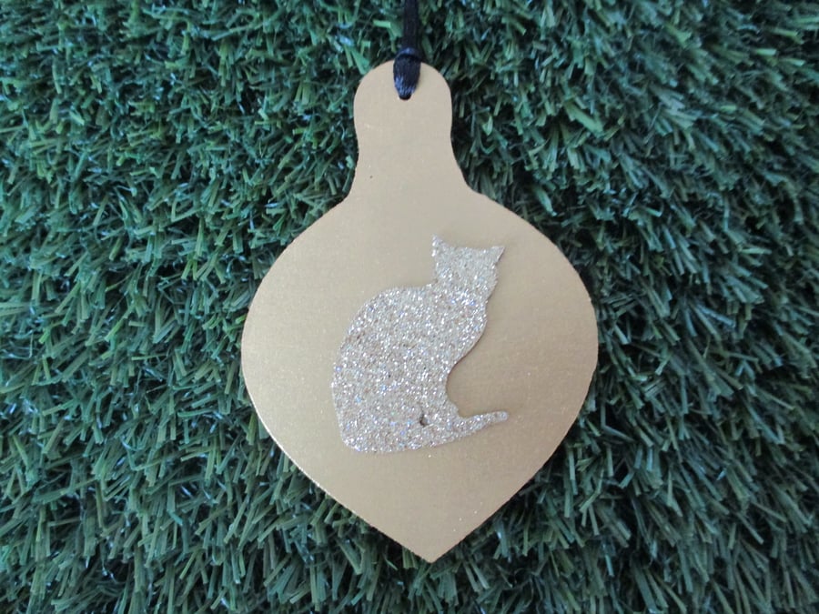 Cat Christmas Tree Bauble Hanging Decoration Gold Glitter Glittery Twinkly Wood