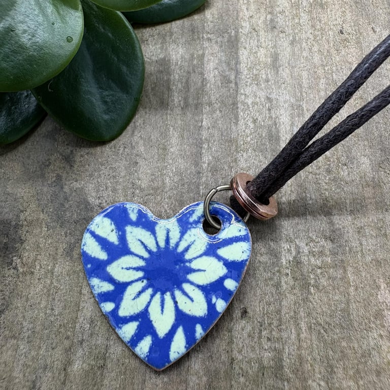 hand enameled copper heart pendant, made in North Wales, unisex gift, blue and g