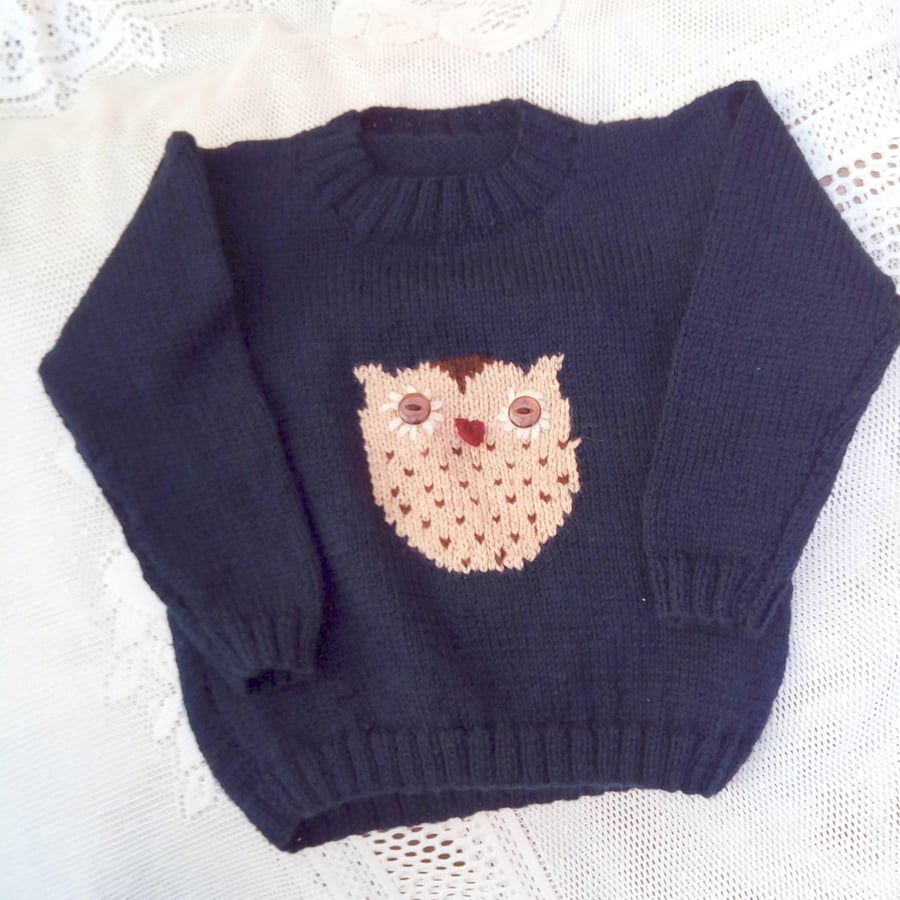 Child's Navy Blue Knitted Jumper with Owl Motif, Child's Jumper, Owl Jumper