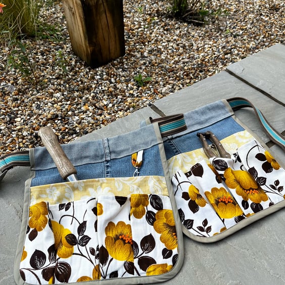 Reclaimed denim and vintage floral tool pouches gardening belt