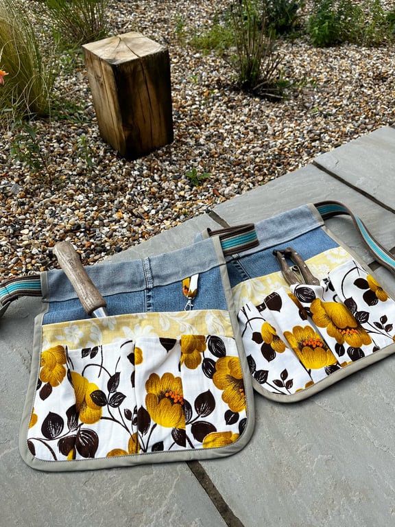 Reclaimed denim and vintage floral tool pouches gardening belt