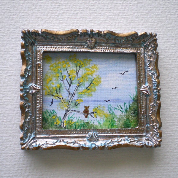 Miniature Watercolour Framed, Owl in Tree,Dolls House, Shabby Chic Blue  Frame
