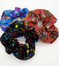 Large scrunchies,  set of 3. Black neon, blue petal fabric.   - Image 6