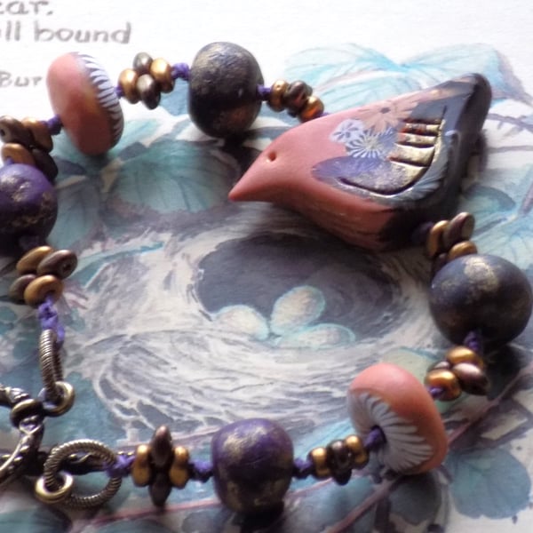 Bird Bracelet, Peach, Purple, Gold Bracelet, Spring Bird Bracelet, Polymer Clay 