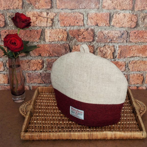 Harris Tweed tea cosy cream and deep ruby red fabric teapot cover