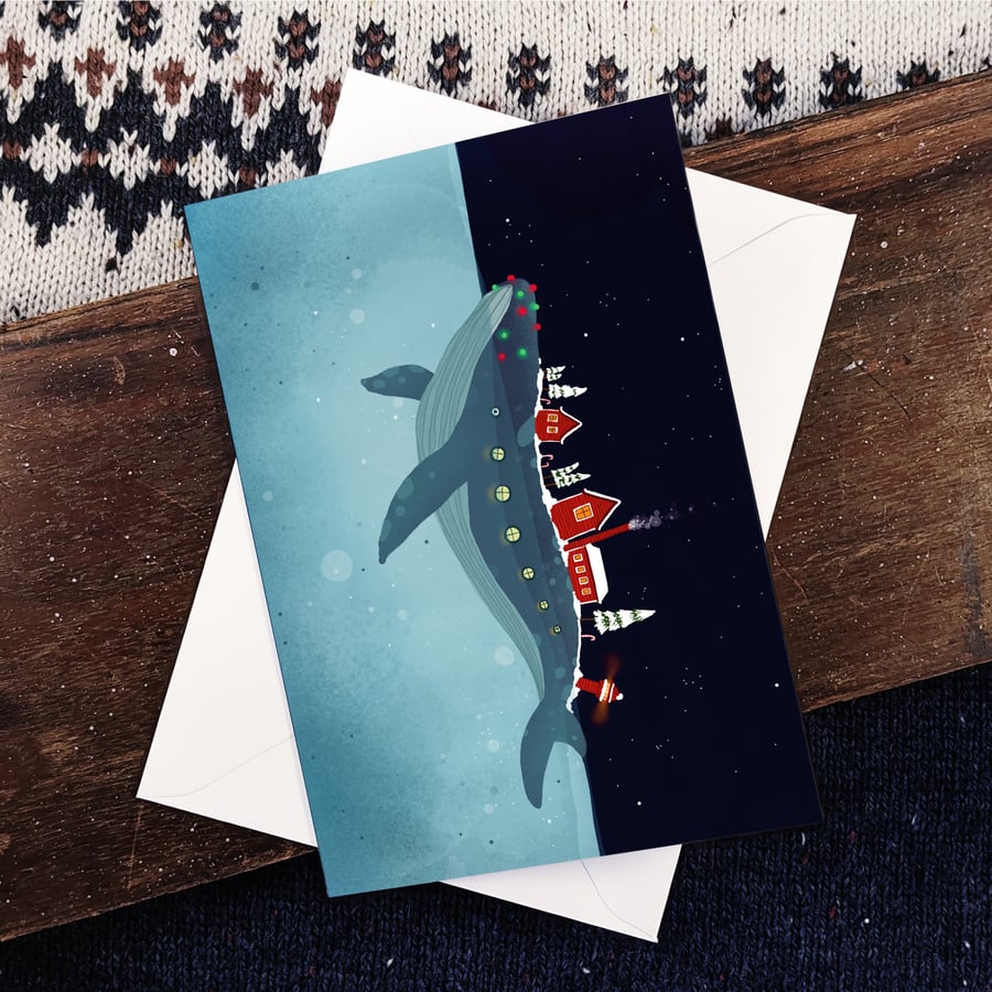 Christmas Card, A little Christmas town on a whale, blank, A5 300GSM