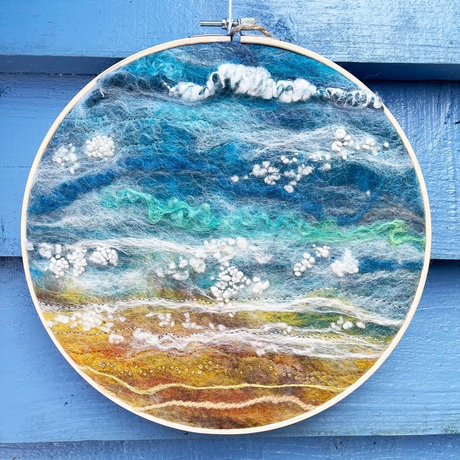 Sand and Sea Wet Felted and Needle Felted Picture with Hand Embroidery.