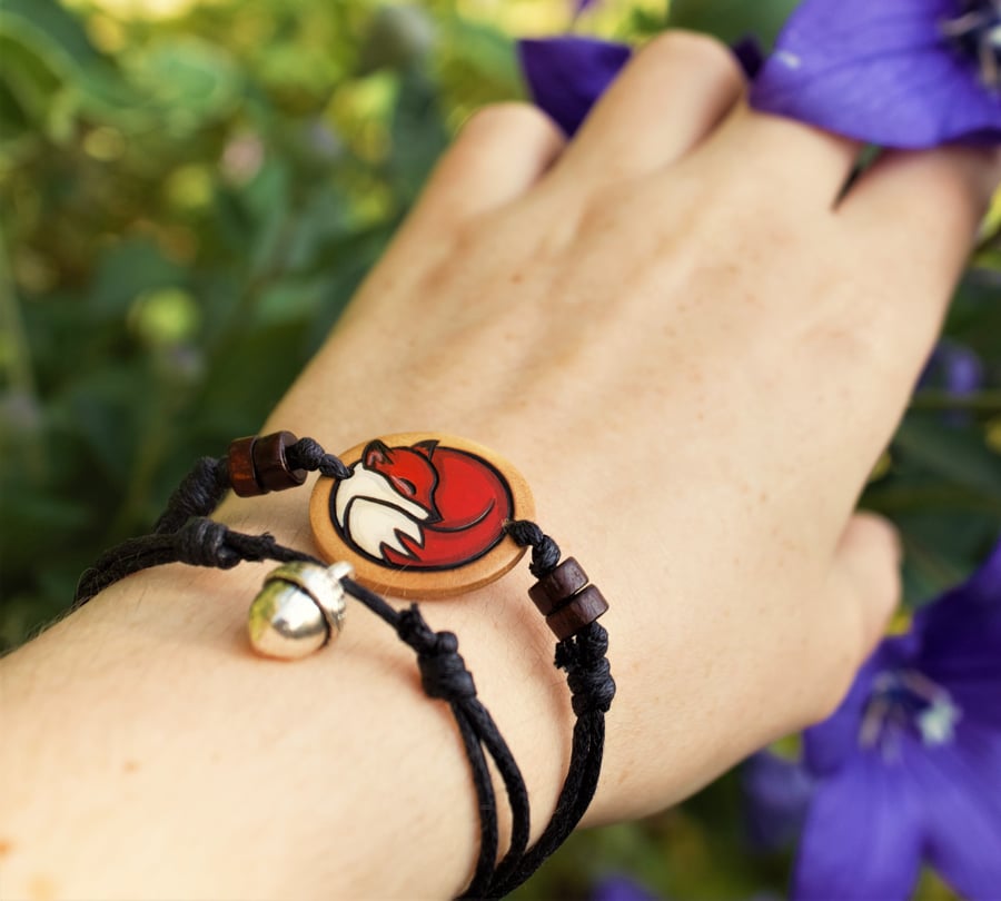 Fox Bracelet Wood Burning Wearable Art Gifts for Women Red Foxes Wildlife Nature