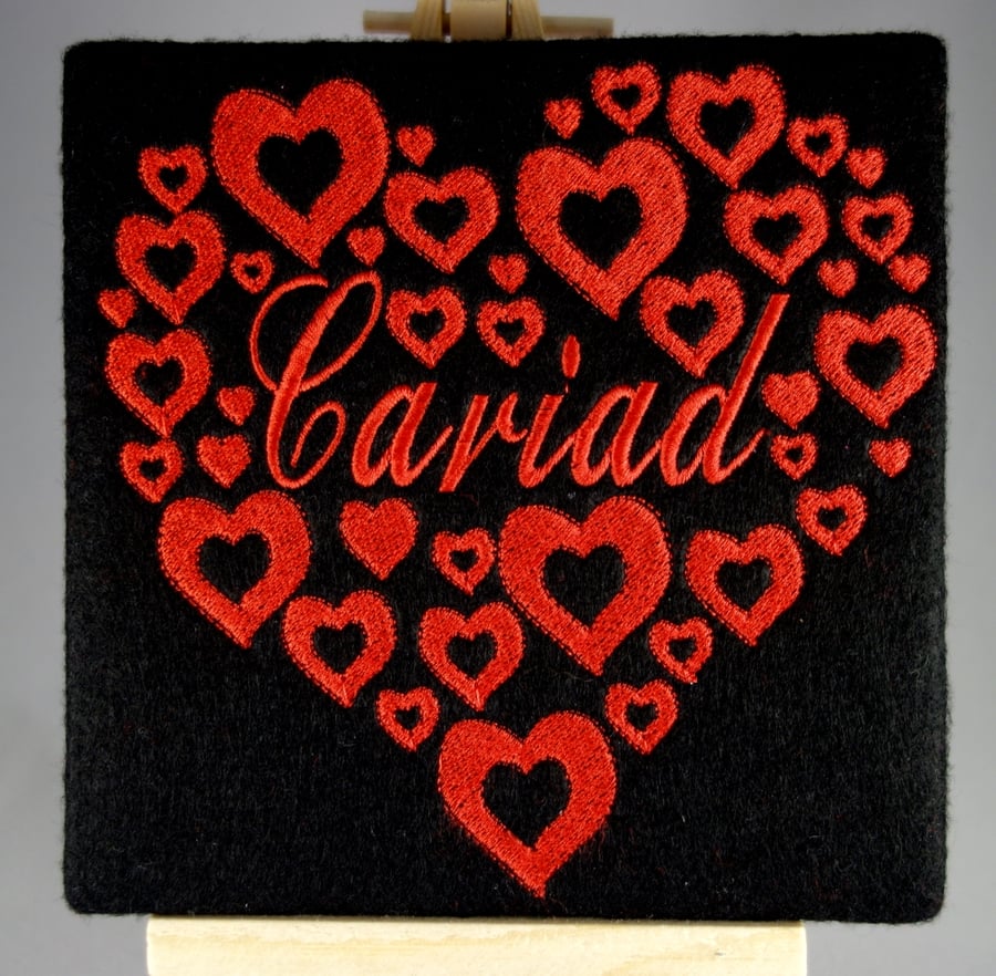 Welsh Cariad Valentines Card. Beautiful, handmade embroidered design