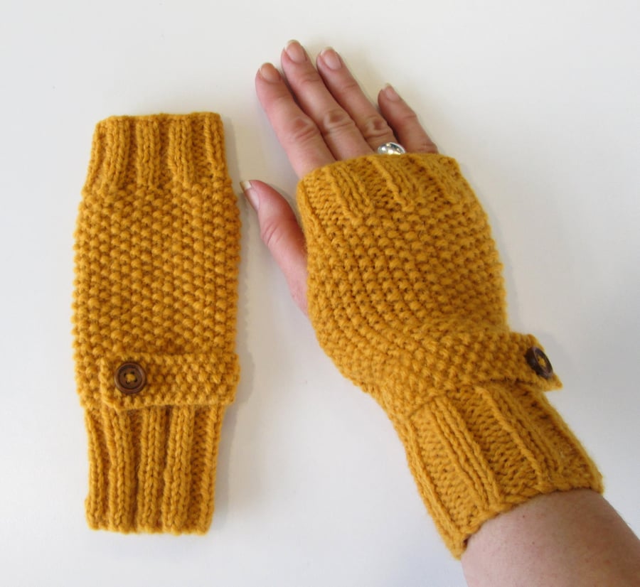 Fingerless Gloves in Mustard Aran Wool 