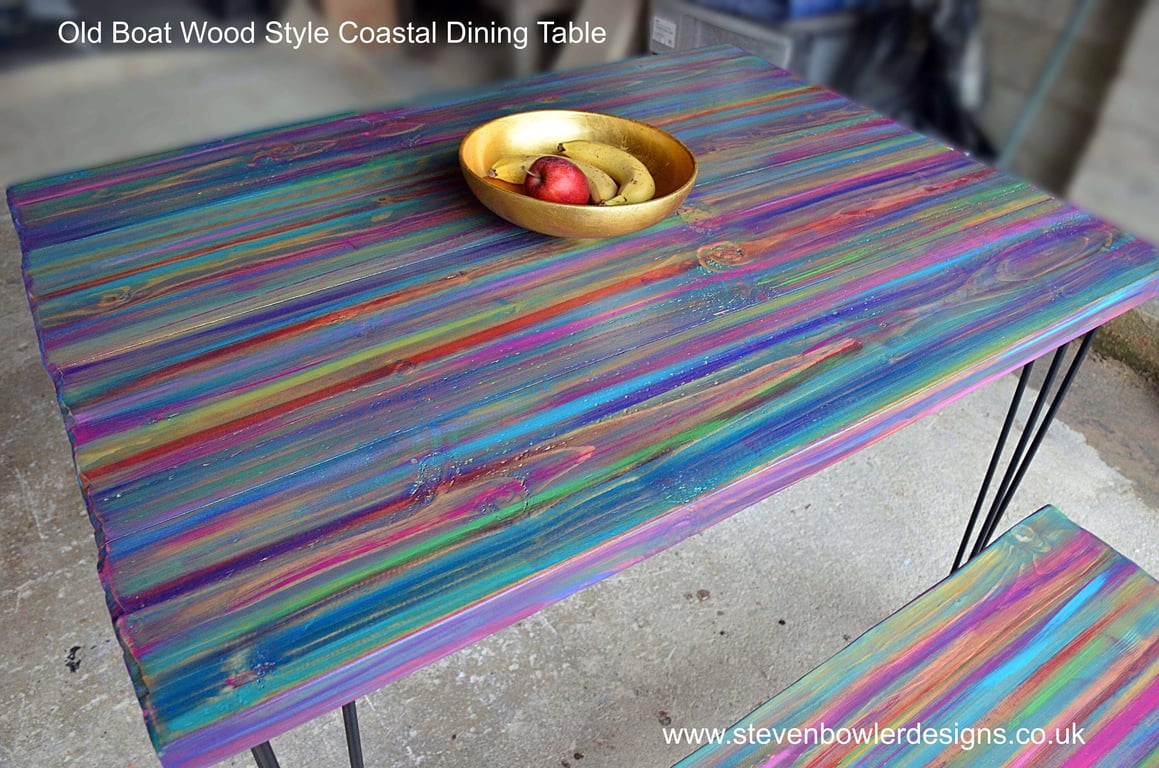 Wood Dining Table Coastal Cottage Candy Stripe Colours Hand Painted 