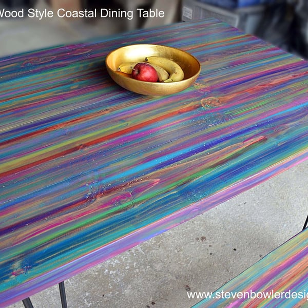 Wood Dining Table Coastal Cottage Candy Stripe Colours Hand Painted 