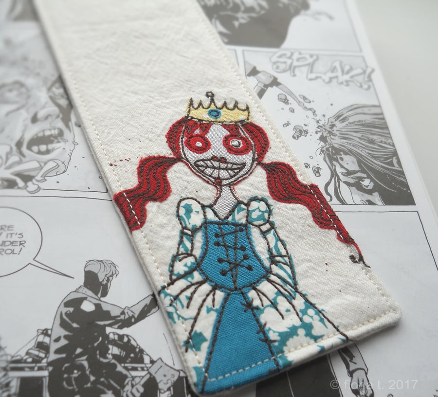 freehand embroidered zombie princess fabric bookmark