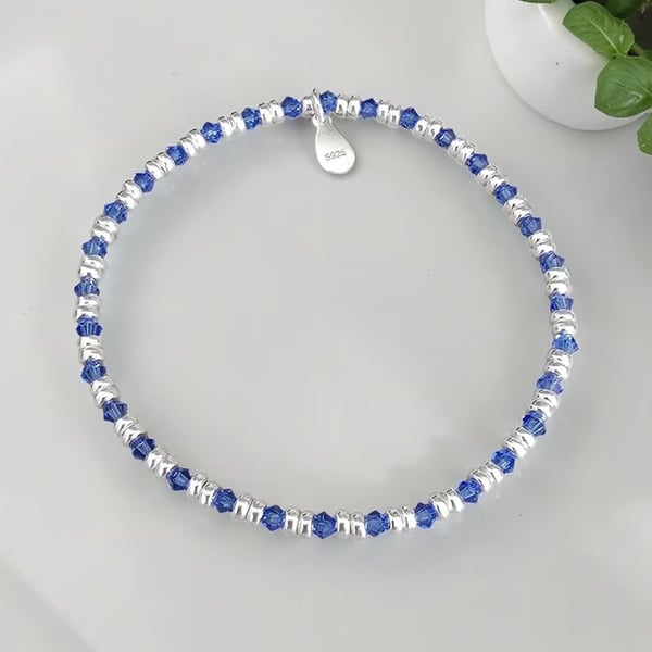 Sterling Silver Sapphire Crystal Stretch Bracelet 925