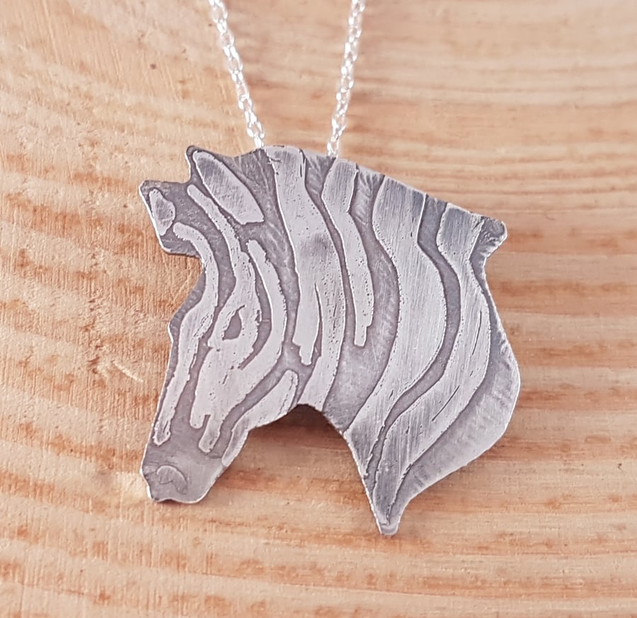 Sterling Silver Etched Zebra Head Necklace