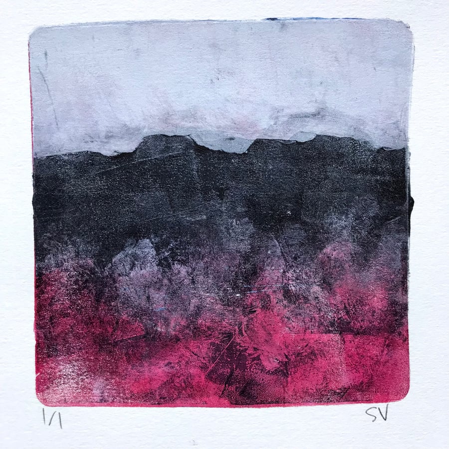 Heather Moorland landscape - unique monoprint inspired by the Peak District 