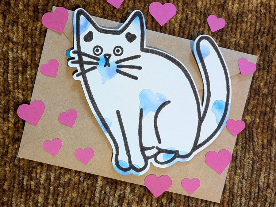 Cat card hand painted watercolour shaped greeting card love hearts 1