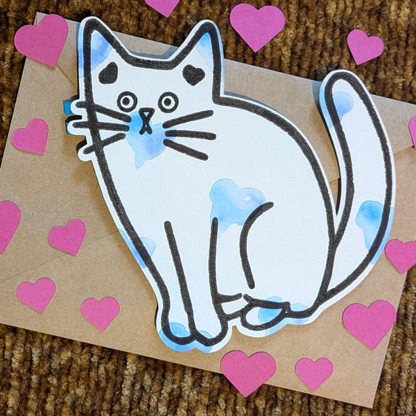 Cat card hand painted watercolour shaped greeting card love hearts 1